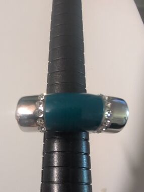 Lia Sophia Silver Tone Ring with Teal Enamel and Crystal Accents